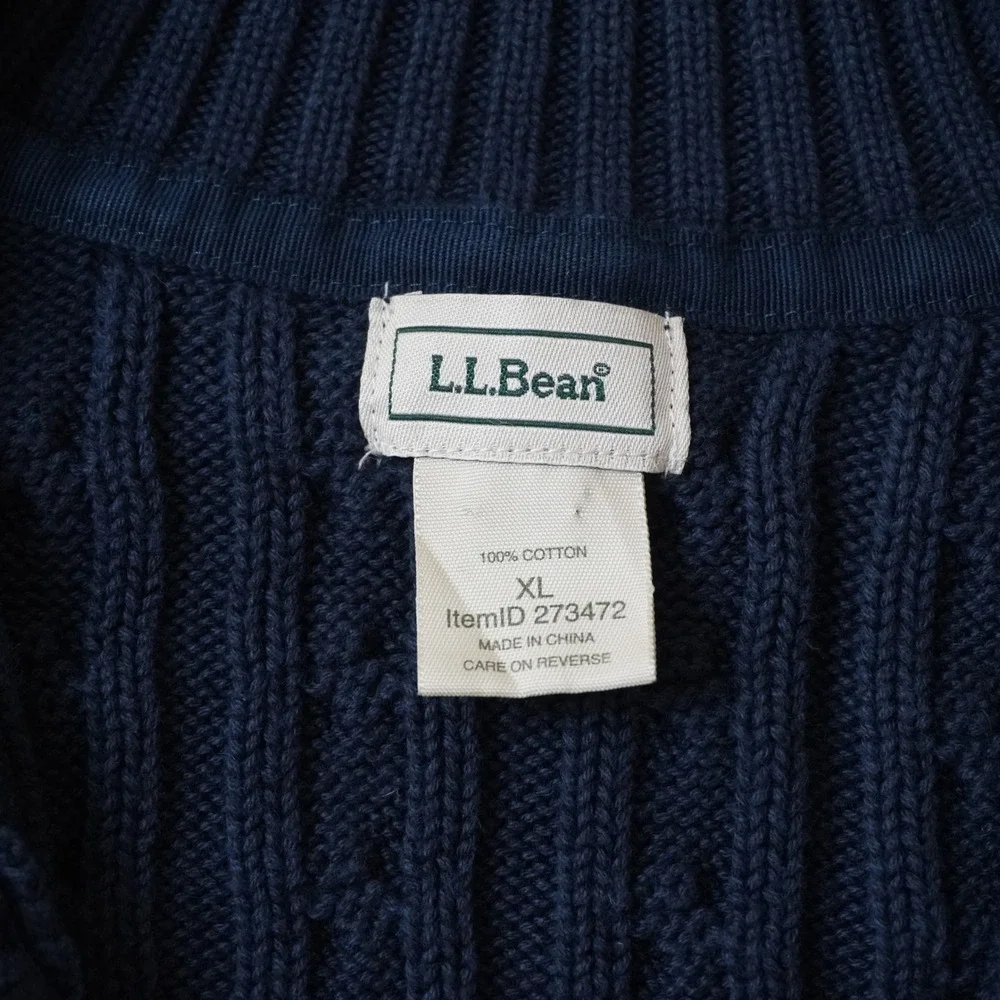 LL Bean Mens XL Navy Blue Cable Knit Cotton V-Neck Shawl Collar Sweater